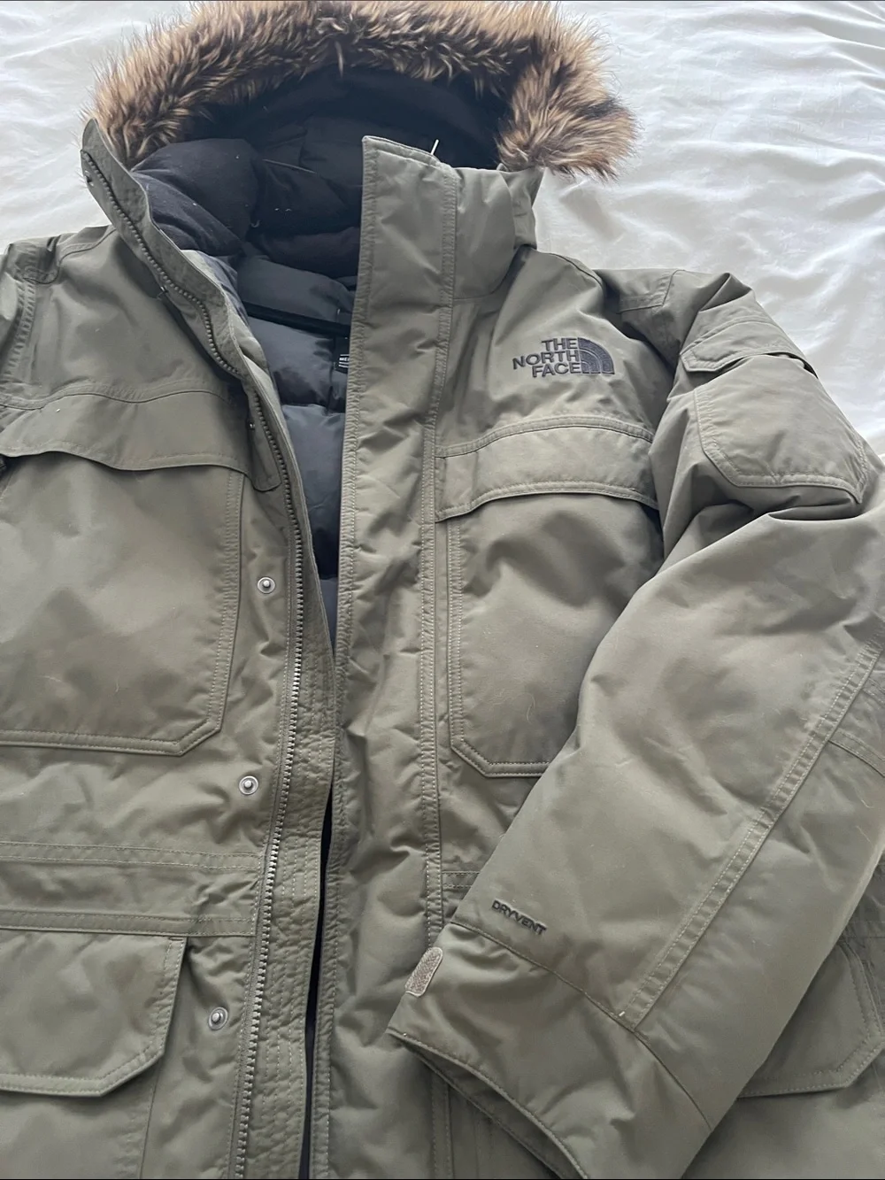 The North Face Olive Green Men's Puffer Parka with Faux-Fur Hood